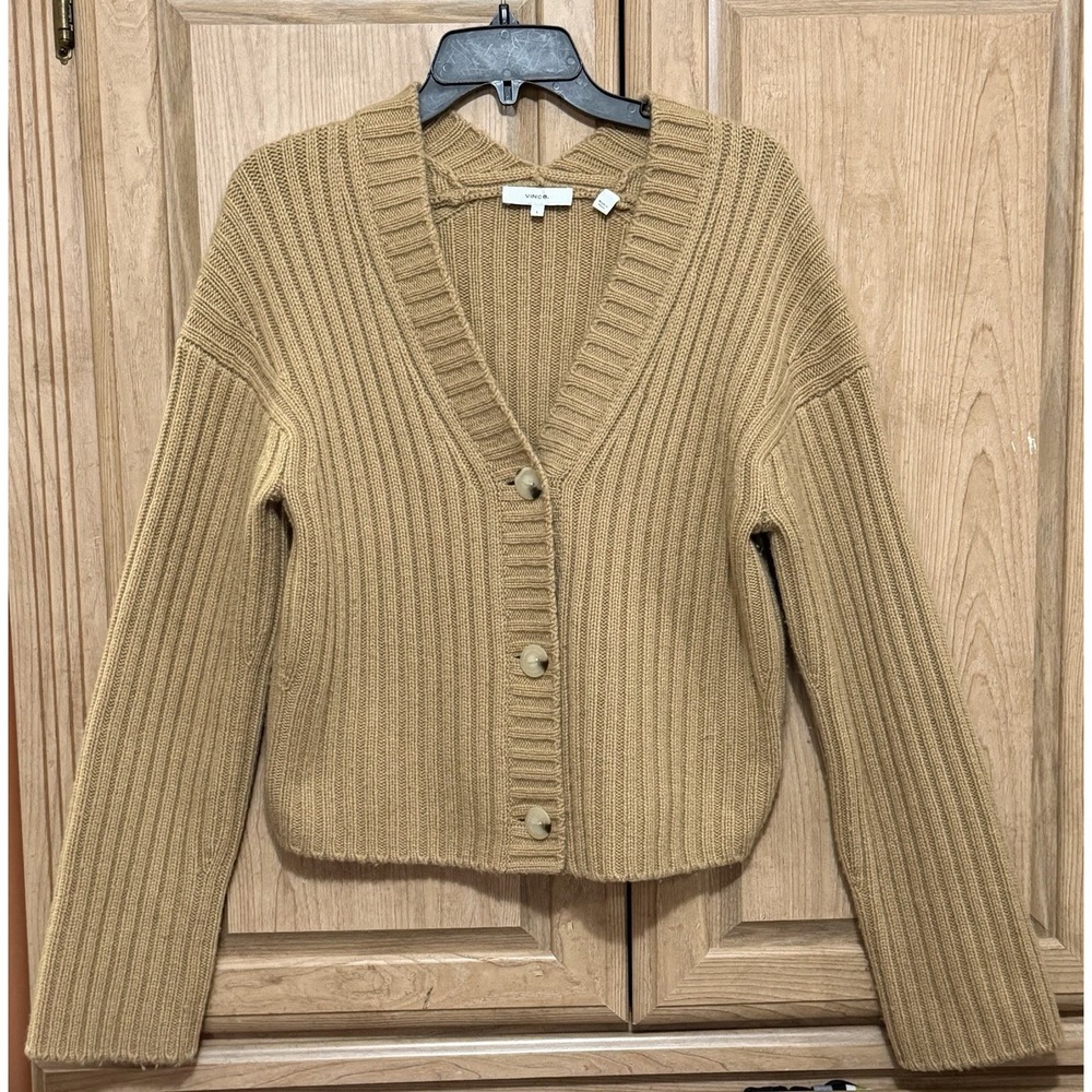 Vince Wool Cashmere Ribbed Cropped Cardigan Camel Tan Size Large Button Front